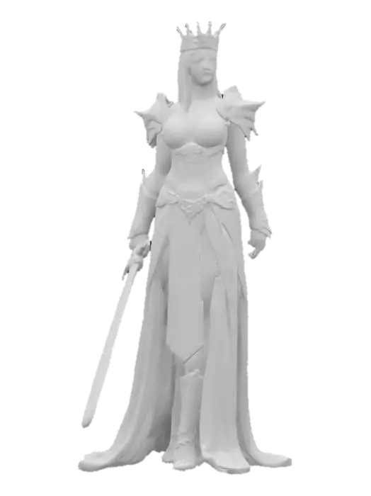 3D model for fantasy female queen warrior, slim firm elegant body, smooth skin with prominent tattoos, light decorated armor, neat hair with crown, sword in one hand, detailed beautiful face, extremely detailed, high resolution texture, epic stance