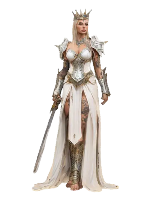 3D model for fantasy female queen warrior, slim firm elegant body, smooth skin with prominent tattoos, light decorated armor, neat hair with crown, sword in one hand, detailed beautiful face, extremely detailed, high resolution texture, epic stance