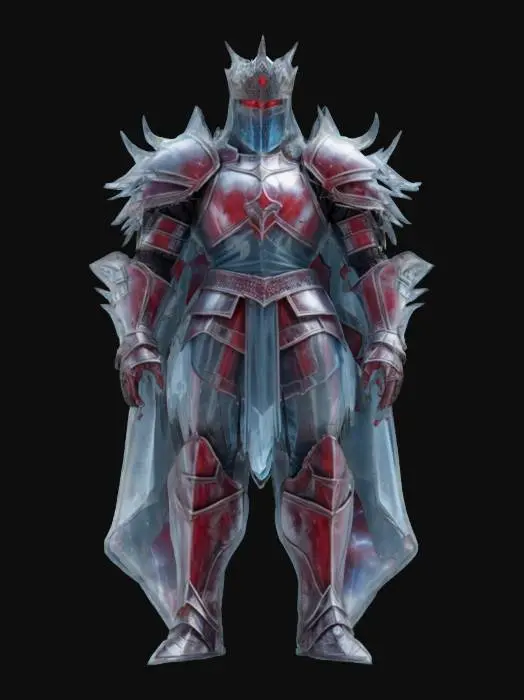 3D model for fantasy cosmic ice knight, massive tall body, elegant transparent armor all over the body, unknown markings on the armor, extremely detailed, high resolution texture, epic stance
