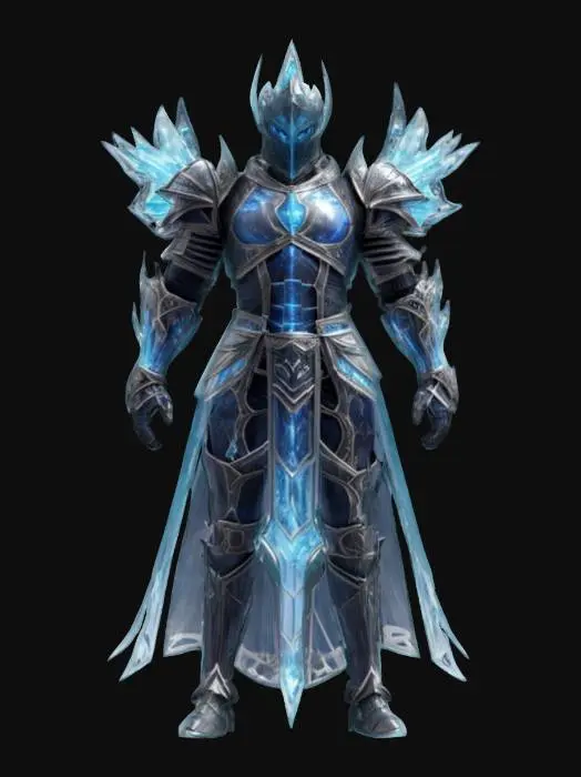 3D model for fantasy cosmic ice knight, massive tall body, elegant transparent armor all over the body, unknown markings on the armor, extremely detailed, high resolution texture, epic stance