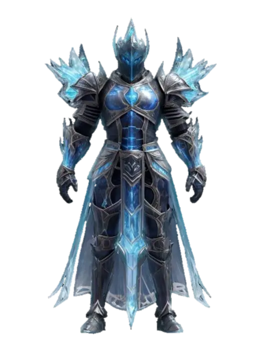 3D model for fantasy cosmic ice knight, massive tall body, elegant transparent armor all over the body, unknown markings on the armor, extremely detailed, high resolution texture, epic stance