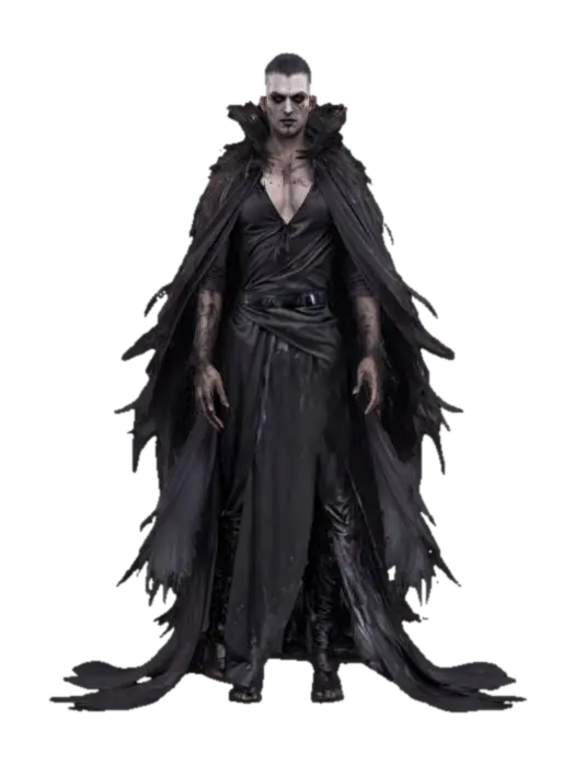 fantasy vampire, tall elegant body, shrouded in a dark robe fluttering in the wind,… 3D model, vytvořený pomocí AI