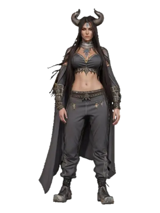 fantasy female modern shaman, elegant slim body, very long hair topped with horns,… - Face 3D model, vytvořený pomocí AI