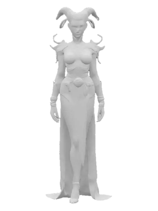 3D model for chaos creatures from another world with graceful body curves, slender tall figures, soft silky skin, elegant decorative clothing with distinctive symbols, technological elements on the body, detailed delicate facial features, in action, extremely detailed, high resolution texture, epic stance