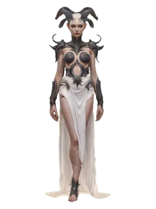 3D model for chaos creatures from another world with graceful body curves, slender tall figures, soft silky skin, elegant decorative clothing with distinctive symbols, technological elements on the body, detailed delicate facial features, in action, extremely detailed, high resolution texture, epic stance