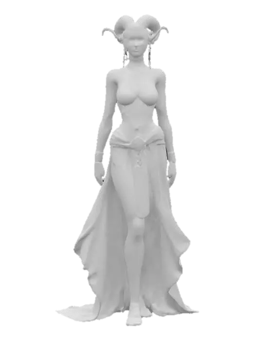 3D model for chaos creatures from another world with graceful body curves, slender tall figures, soft silky skin, elegant decorative clothing with distinctive symbols, technological elements on the body, detailed delicate facial features, in action, extremely detailed, high resolution texture, epic stance
