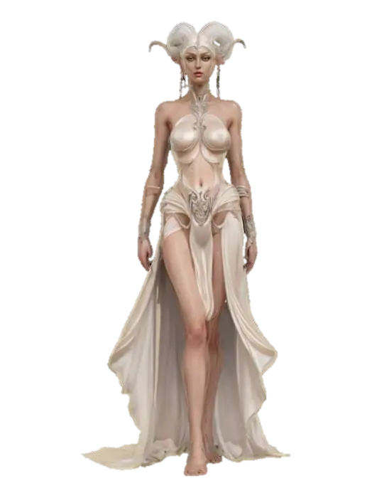 3D model for chaos creatures from another world with graceful body curves, slender tall figures, soft silky skin, elegant decorative clothing with distinctive symbols, technological elements on the body, detailed delicate facial features, in action, extremely detailed, high resolution texture, epic stance