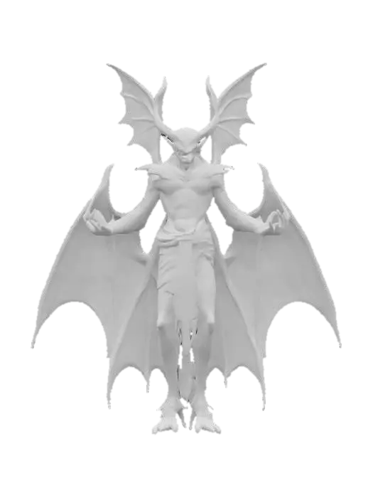 3D model for fantasy evil bat lord, emaciated slender body, hands transformed into bat wings, dark clothing with distinctive symbols, detailed scary face, glowing eyes, extremely detailed, high resolution texture, epic stance