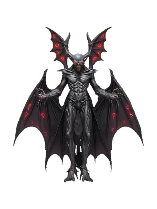 3D model for fantasy evil bat lord, emaciated slender body, hands transformed into bat wings, dark clothing with distinctive symbols, detailed scary face, glowing eyes, extremely detailed, high resolution texture, epic stance
