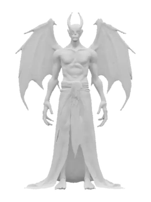 3D model for fantasy evil bat lord, emaciated slender body, hands transformed into bat wings, dark clothing with distinctive symbols, detailed scary face, glowing eyes, extremely detailed, high resolution texture, epic stance