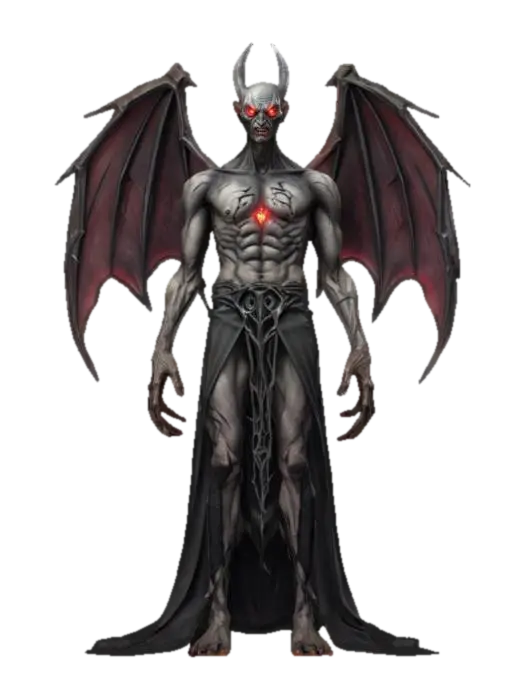 3D model for fantasy evil bat lord, emaciated slender body, hands transformed into bat wings, dark clothing with distinctive symbols, detailed scary face, glowing eyes, extremely detailed, high resolution texture, epic stance