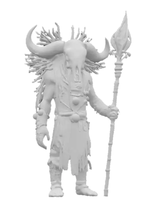 3D model for fantasy cyber shaman as a shapeless mass, body made of clay and branches, buffalo skull on his head, metal sci-fi glowing staff in his hand, detailed gloomy face, amulets hanging from his body, extremely detailed, high resolution texture, epic stance, #AroundTheWorld#