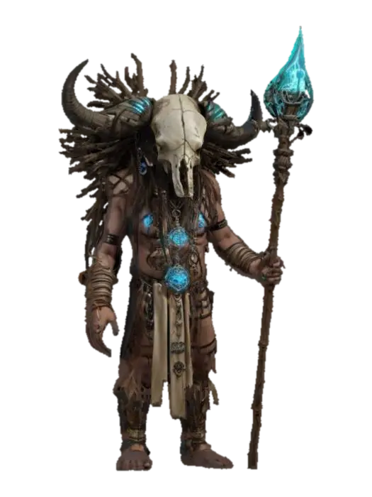 3D model for fantasy cyber shaman as a shapeless mass, body made of clay and branches, buffalo skull on his head, metal sci-fi glowing staff in his hand, detailed gloomy face, amulets hanging from his body, extremely detailed, high resolution texture, epic stance, #AroundTheWorld#