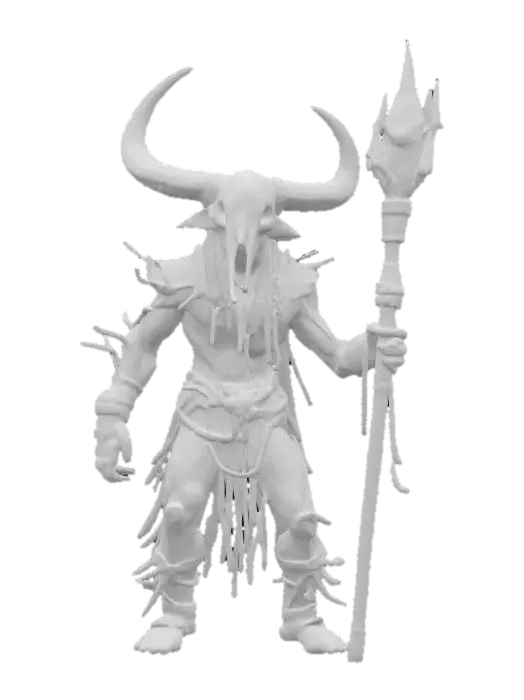 3D model for fantasy cyber shaman as a shapeless mass, body made of clay and branches, buffalo skull on his head, metal sci-fi glowing staff in his hand, detailed gloomy face, amulets hanging from his body, extremely detailed, high resolution texture, epic stance, #AroundTheWorld#