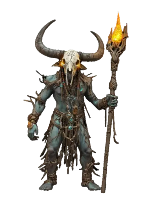 3D model for fantasy cyber shaman as a shapeless mass, body made of clay and branches, buffalo skull on his head, metal sci-fi glowing staff in his hand, detailed gloomy face, amulets hanging from his body, extremely detailed, high resolution texture, epic stance, #AroundTheWorld#