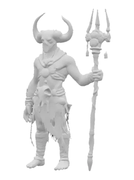 3D model for fantasy cyber shaman as a shapeless mass, body made of clay and branches, buffalo skull on his head, metal sci-fi glowing staff in his hand, detailed gloomy face, amulets hanging from his body, extremely detailed, high resolution texture, epic stance, #AroundTheWorld#