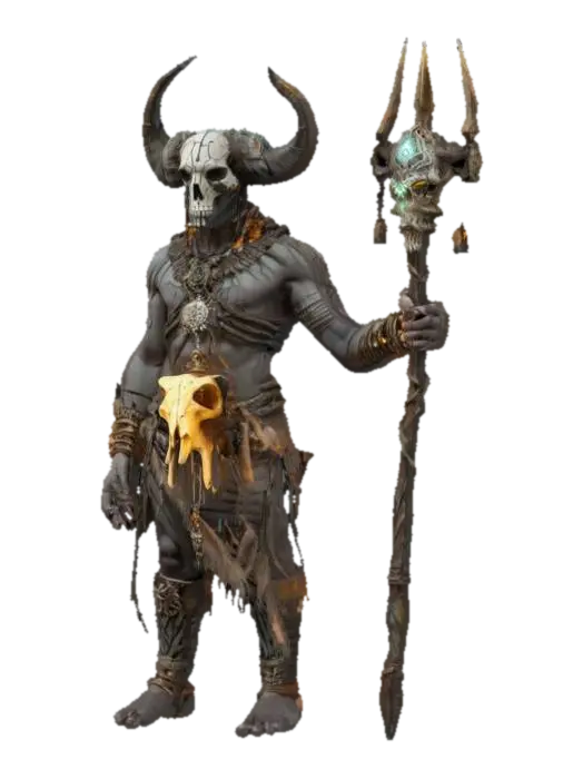 3D model for fantasy cyber shaman as a shapeless mass, body made of clay and branches, buffalo skull on his head, metal sci-fi glowing staff in his hand, detailed gloomy face, amulets hanging from his body, extremely detailed, high resolution texture, epic stance, #AroundTheWorld#