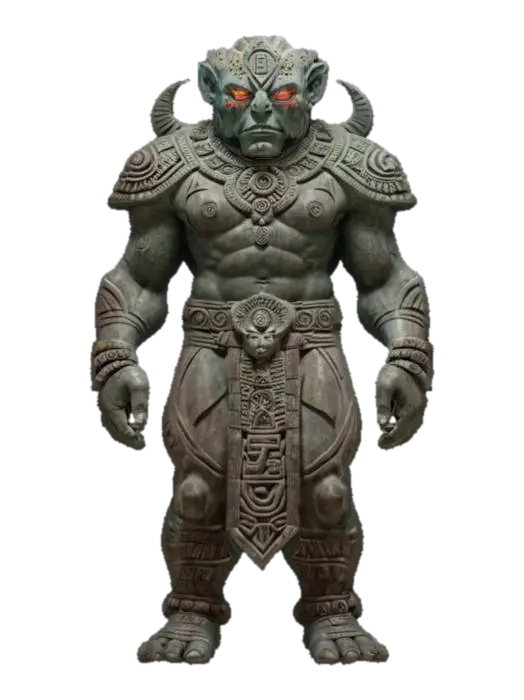fantasy aztec stone elemental, massive body made of shaped stone, marks on the body… 3D model, vytvořený pomocí AI