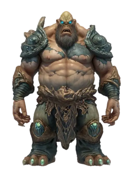 3D model for fantasy monstrous giant, stocky body with one glowing eye, broken armor shaped like a rock and sea waves, detailed face, extremely detailed, high resolution texture, epic stance