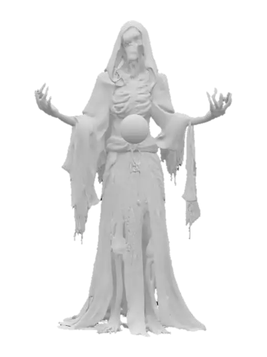 3D model for fantasy female lich, skeleton in tattered dark robes, green light glowing from her eyes, she is captured in a dynamic tense pose drawing magical energy, between outstretched bony hands, she holds a pulsating orb of blue-violet power, cloak is stiffly "billowing" as if caught in a magical vortex, she gives the impression of an ancient undead sorceress focused on a powerful ritual, extremely detailed, high resolution texture, epic stance