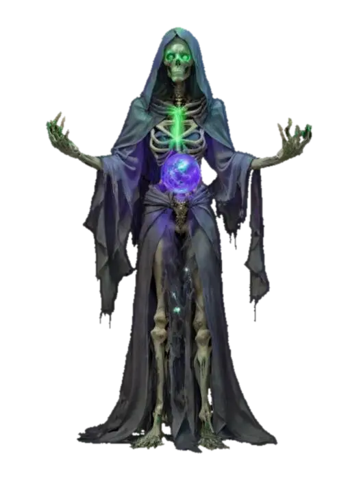 3D model for fantasy female lich, skeleton in tattered dark robes, green light glowing from her eyes, she is captured in a dynamic tense pose drawing magical energy, between outstretched bony hands, she holds a pulsating orb of blue-violet power, cloak is stiffly "billowing" as if caught in a magical vortex, she gives the impression of an ancient undead sorceress focused on a powerful ritual, extremely detailed, high resolution texture, epic stance
