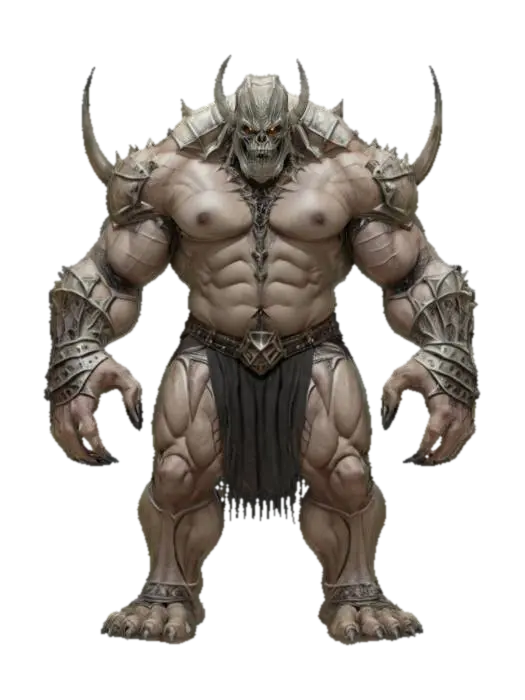 3D model for fantasy mysterious monstrous giant, stocky muscular body, armor made of bones on the body, detailed menacing face, extremely detailed high resolution texture, epic stance