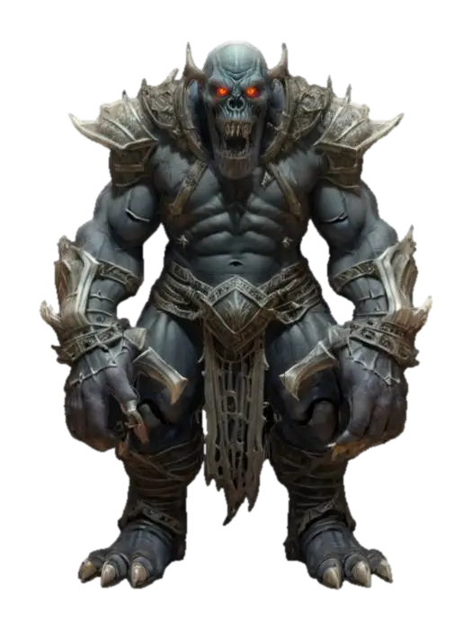 3D model for fantasy mysterious monstrous giant, stocky muscular body, armor made of bones on the body, detailed menacing face, extremely detailed high resolution texture, epic stance