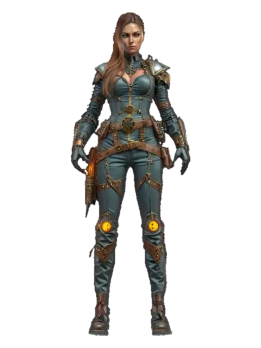 fantasy steampunk female warrior, slim graceful body, arms around body or on hips… - Devices 3D model, vytvořený pomocí AI