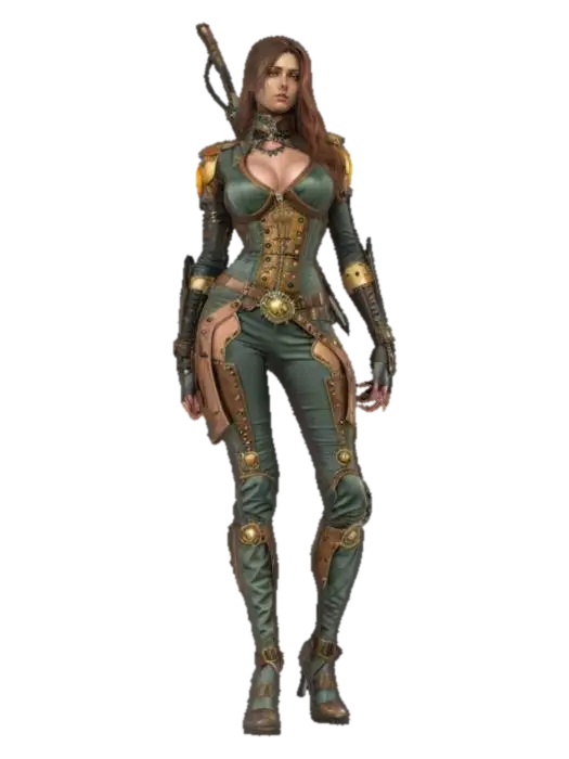 fantasy steampunk female warrior, slim graceful body, arms around body or on hips… - Devices 3D model, vytvořený pomocí AI