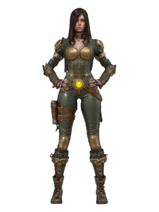 fantasy steampunk female warrior, slim graceful body, arms around body or on hips… - Devices 3D model, vytvořený pomocí AI
