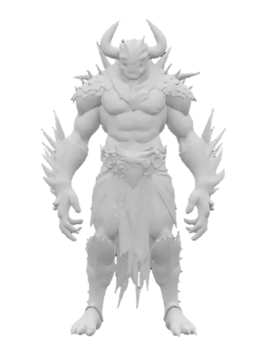 3D model for fantasy demonic humanoid monster, massive muscular body, unnaturally elegant clothing for such a terrifying monster, head resembles a mythical monster, detailed terrifying face, strange spikes and growths all over the body, extremely detailed texture with high sharp resolution, epic stance