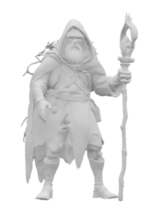 3D model for fantasy old forgotten mage, hunched old body overgrown with branches, torn clothes and shabby cloak, leaning on a crooked staff with a beautiful energy crystal, gloomy face but bright eyes, extremely detailed, high sharp resolution texture, epic stance