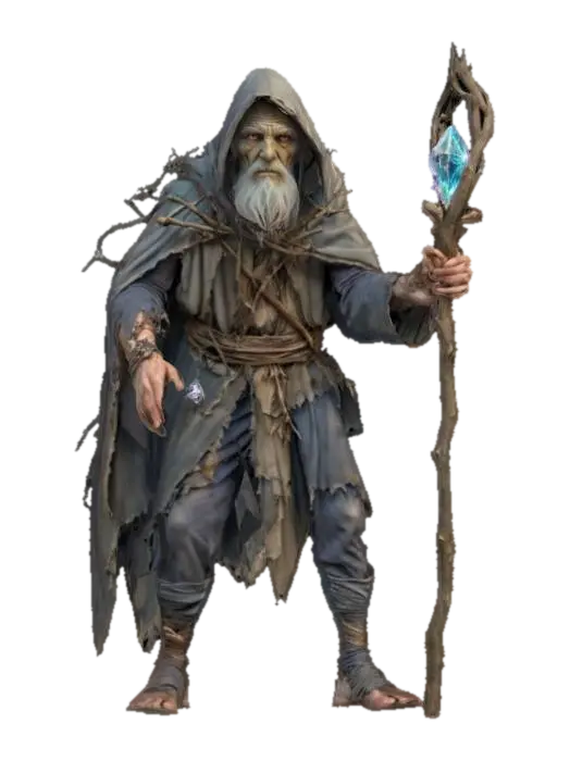 3D model for fantasy old forgotten mage, hunched old body overgrown with branches, torn clothes and shabby cloak, leaning on a crooked staff with a beautiful energy crystal, gloomy face but bright eyes, extremely detailed, high sharp resolution texture, epic stance