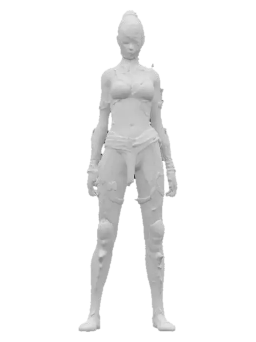 3D model for sci-fi elegant female warrior, slim muscular body, elegant tattoos all over body, underwear from armor, slim sharp spikes on forearms pointing forward, detailed beautiful masked face, extremely detailed, high ultra sharping texture, epic stance