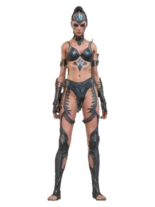 3D model for sci-fi elegant female warrior, slim muscular body, elegant tattoos all over body, underwear from armor, slim sharp spikes on forearms pointing forward, detailed beautiful masked face, extremely detailed, high ultra sharping texture, epic stance