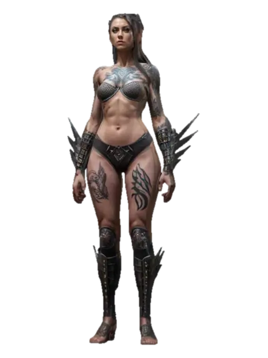 sci-fi elegant female warrior, slim muscular body, elegant tattoos all over body,… - Tattoo 3D model, vytvořený pomocí AI