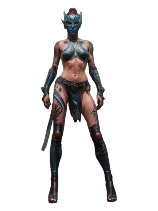 sci-fi elegant female warrior, slim muscular body, elegant tattoos all over body,… 3D model, vytvořený pomocí AI