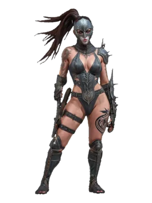 sci-fi elegant female warrior, slim muscular body, elegant tattoos all over body,… - Tattoo 3D model, vytvořený pomocí AI
