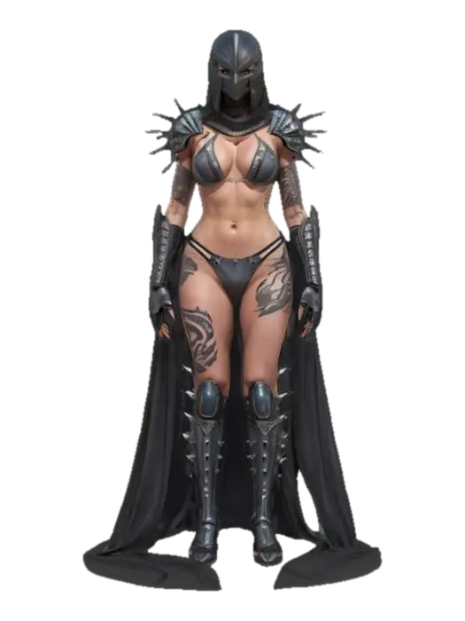 3D model for sci-fi elegant female warrior, slim muscular body, elegant tattoos all over body, underwear from armor, slim sharp spikes on forearms pointing forward, detailed beautiful masked face, extremely detailed, high ultra sharping texture, epic stance