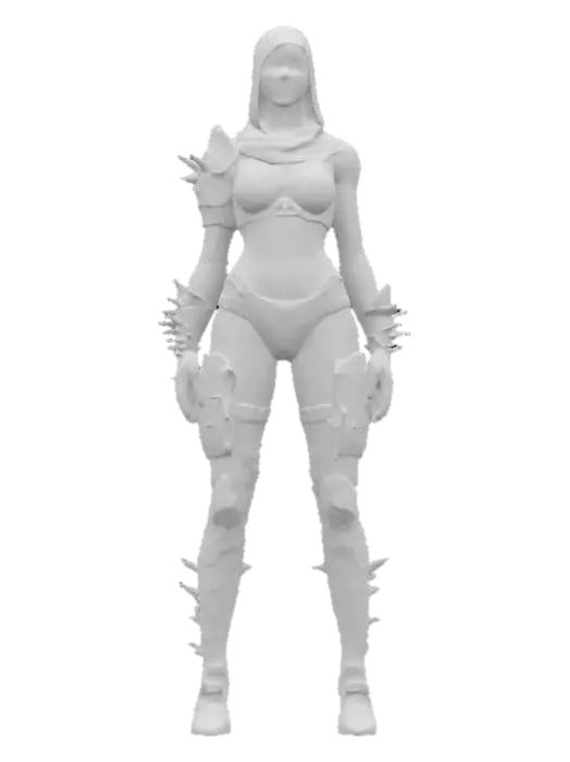 3D model for sci-fi elegant female warrior, slim muscular body, elegant tattoos all over body, underwear from armor, slim sharp spikes on forearms pointing forward, detailed beautiful masked face, extremely detailed, high ultra sharping texture, epic stance