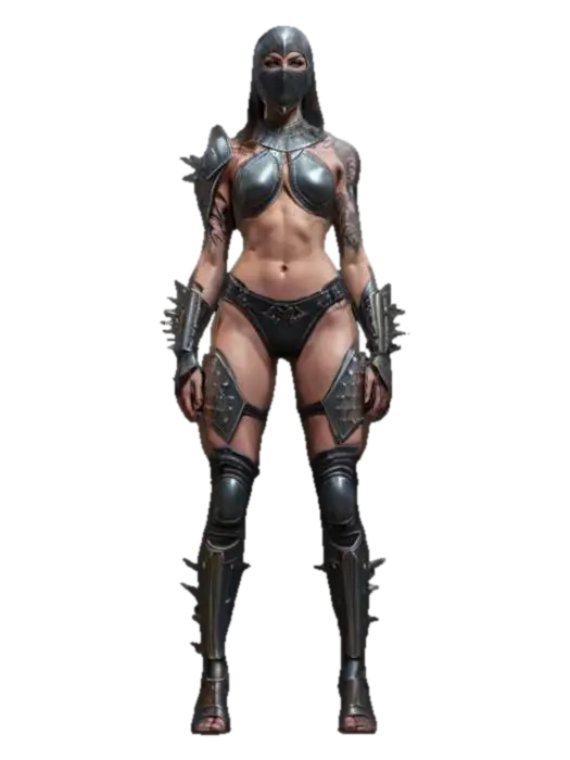3D model for sci-fi elegant female warrior, slim muscular body, elegant tattoos all over body, underwear from armor, slim sharp spikes on forearms pointing forward, detailed beautiful masked face, extremely detailed, high ultra sharping texture, epic stance