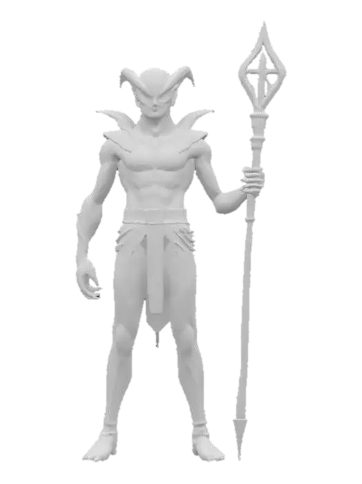 3D model for fantasy alien humanoid morphed into a magician, elegant muscular body, body is dressed in elegant alien clothing, details on the clothing are made of alien metal, color design in shades of space nebulae, in his hand he holds a staff which is also a magic weapon, detailed face, extremely detailed texture with high sharp resolution, epic stance
