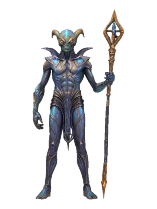 3D model for fantasy alien humanoid morphed into a magician, elegant muscular body, body is dressed in elegant alien clothing, details on the clothing are made of alien metal, color design in shades of space nebulae, in his hand he holds a staff which is also a magic weapon, detailed face, extremely detailed texture with high sharp resolution, epic stance