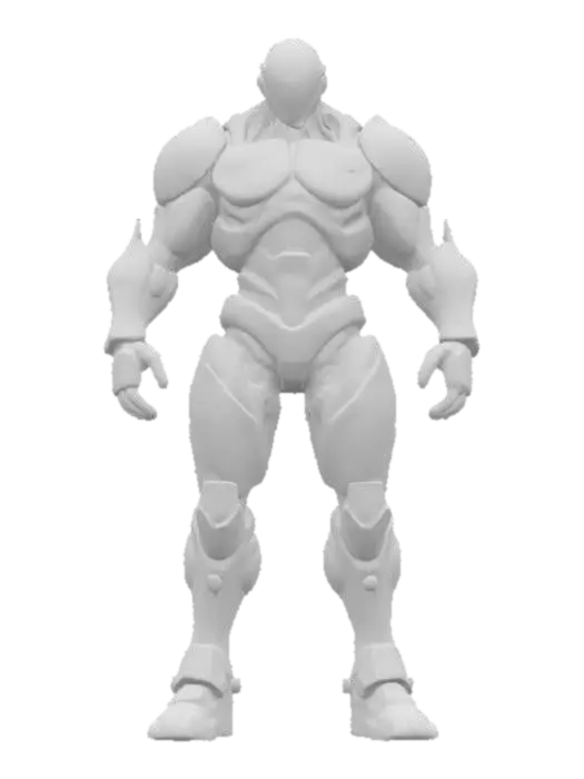 3D model for sci-fi cyborg killer, powerful body half robotic and half bioorganic, robotic parts glowing, body dressed in armor, detailed scary face, extremely detailed, high sharp resolution texture, epic stance