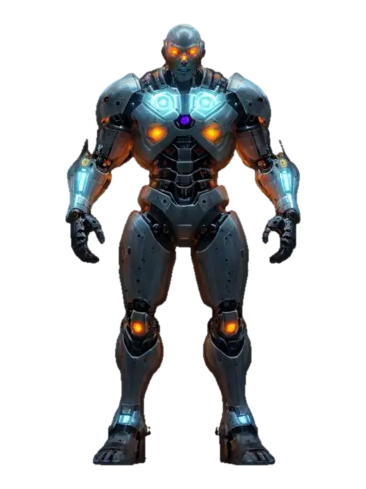 3D model for sci-fi cyborg killer, powerful body half robotic and half bioorganic, robotic parts glowing, body dressed in armor, detailed scary face, extremely detailed, high sharp resolution texture, epic stance
