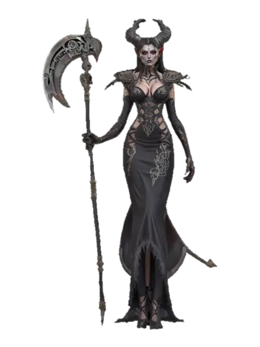 fantasy female demon with scythe, slim elegant body, elegantly dressed with… 3D model, vytvořený pomocí AI