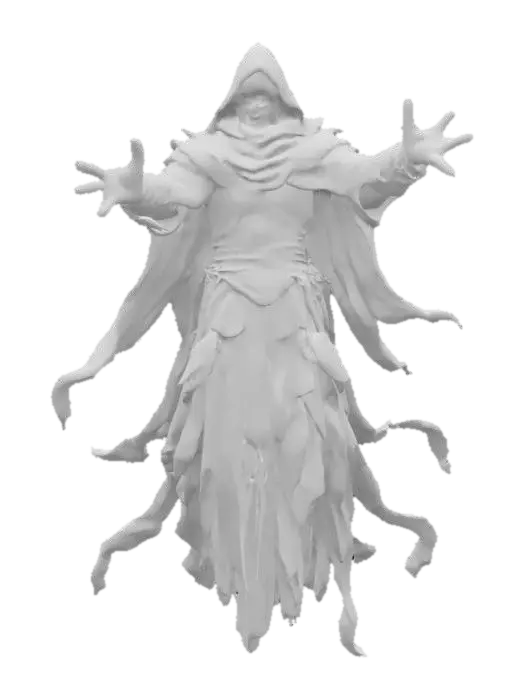 3D model for fantasy frightening wraith, body floating in the air, he is dressed in rusty armor, outstretched arms forward in front of him, detailed scary face wraith, all around traces of dark magic, extremely detailed, high sharp resolution texture, ultrarealistic, epic stance