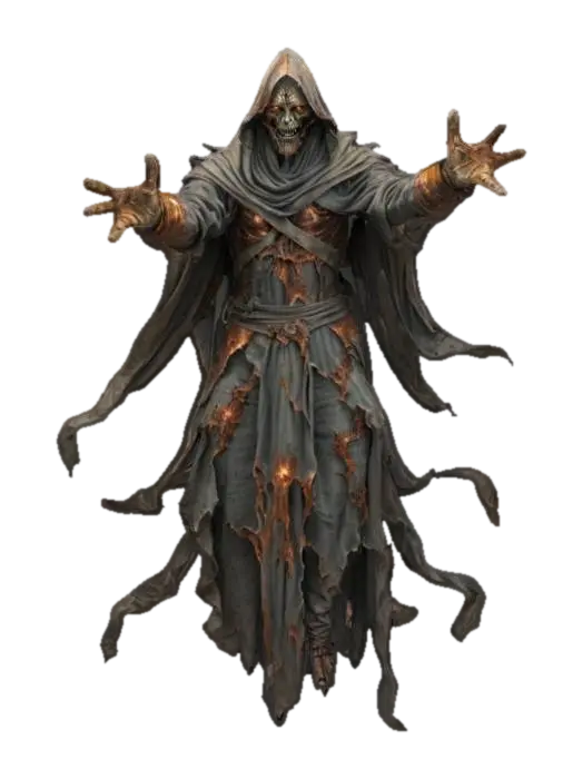 3D model for fantasy frightening wraith, body floating in the air, he is dressed in rusty armor, outstretched arms forward in front of him, detailed scary face wraith, all around traces of dark magic, extremely detailed, high sharp resolution texture, ultrarealistic, epic stance