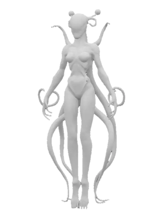 3D model for unknown entity from distant space, intelligent appearance although not very humanoid, antigravity core i.e. floating in the air, gripping tentacles instead of individual limbs, main sensory organs on some kind of head, pleasant to look at, extremely detailed, high sharp resolution texture, hyperrealistic, epic stance