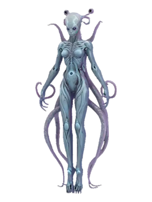 3D model for unknown entity from distant space, intelligent appearance although not very humanoid, antigravity core i.e. floating in the air, gripping tentacles instead of individual limbs, main sensory organs on some kind of head, pleasant to look at, extremely detailed, high sharp resolution texture, hyperrealistic, epic stance